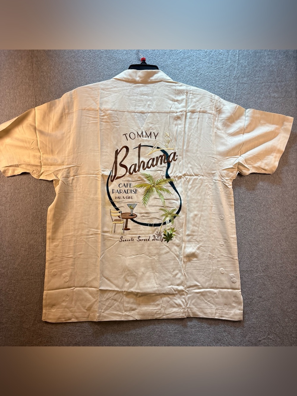Tommy Bahama Embroidered Cafe paradise Sunsets Served Daily Silk L Indigo NWT